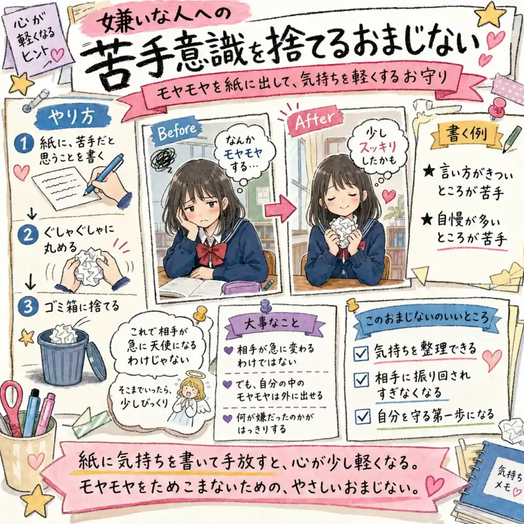 嫌いな人への苦手意識を紙に書き出し、丸めて捨てることで気持ちを整理するおまじないを紹介する中学生向けイラスト。相手を変えるのではなく、自分のモヤモヤを外に出し、振り回されすぎない第一歩にする流れを、まんが風にまとめている。
