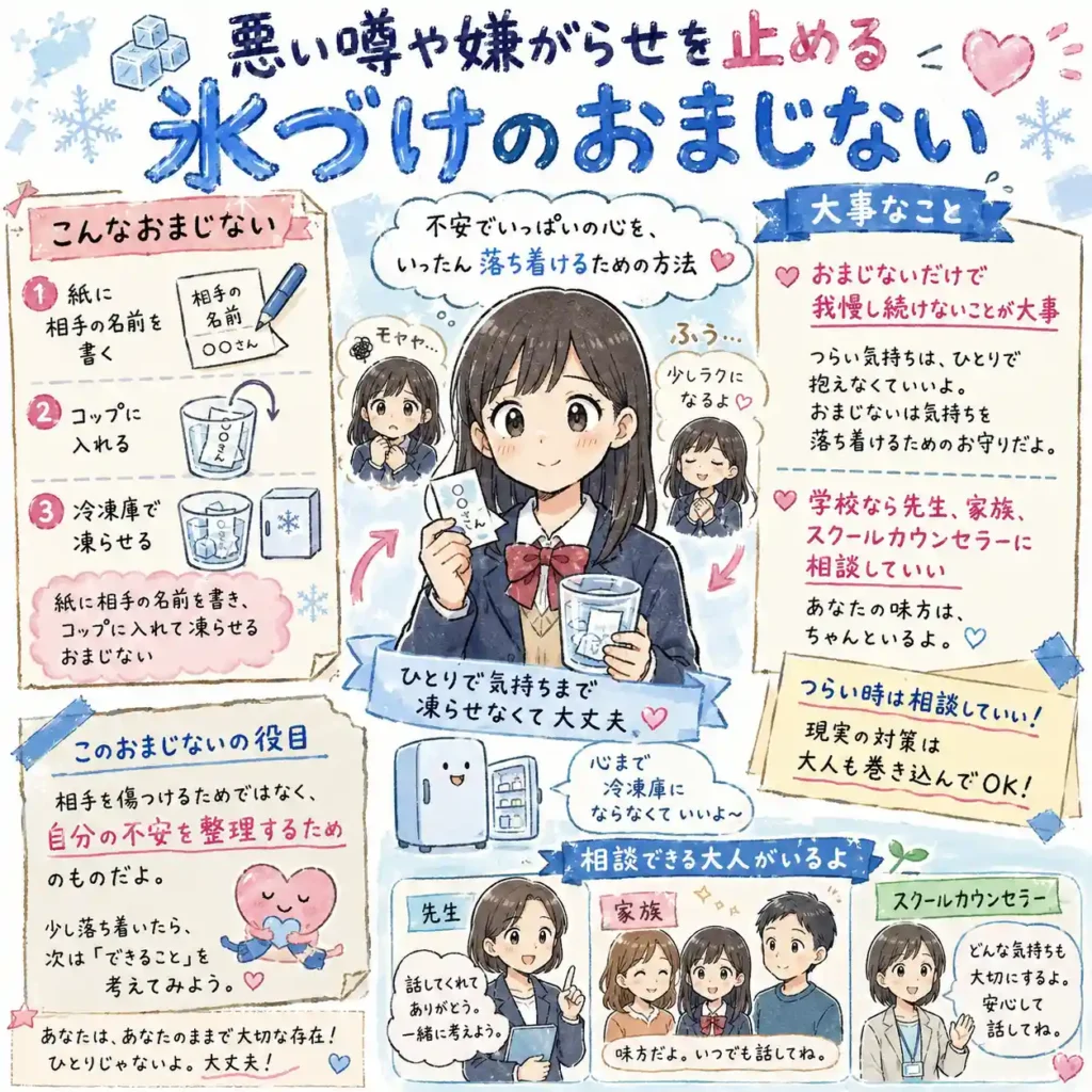 悪い噂や嫌がらせを止めたいとき、紙に相手の名前を書いてコップで凍らせ、不安な気持ちをいったん落ち着ける氷づけのおまじないを紹介する中学生向けイラスト。ひとりで抱え込まず、先生や家族、スクールカウンセラーに相談してよいことも、まんが風にまとめている。