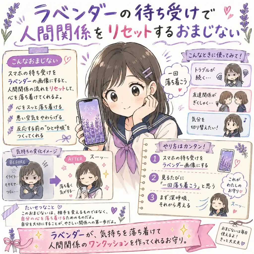 ラベンダーの画像をスマホの待ち受けにして、人間関係の流れをリセットし、気持ちを落ち着けるおまじないを紹介する中学生向けイラスト。スマホを見るたびに深呼吸して反応を急がず、心を整える流れを、まんが風にまとめている。