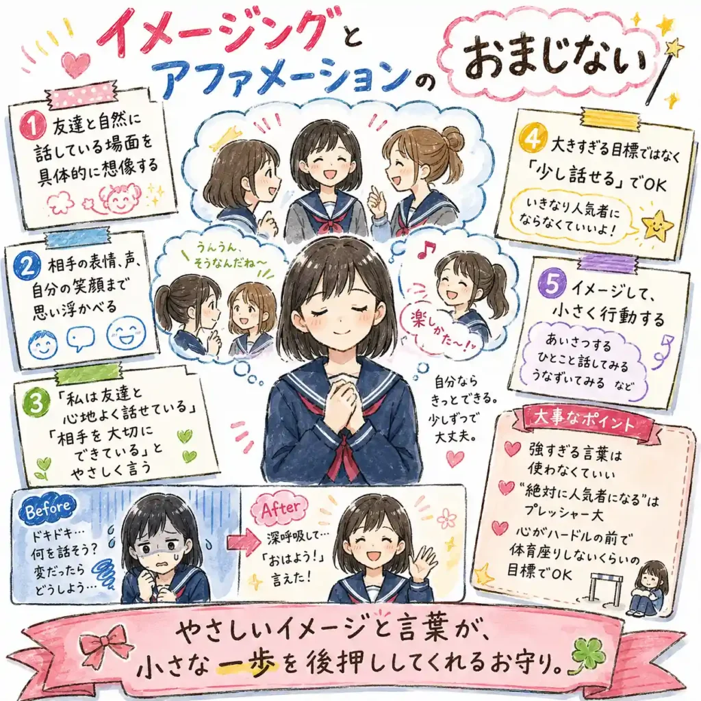 友達と自然に話す場面をイメージし、「私は友達と心地よく話せている」とやさしい言葉を唱えるおまじないを紹介する中学生向けイラスト。具体的に想像してから小さく行動する流れを、まんが風にまとめている。