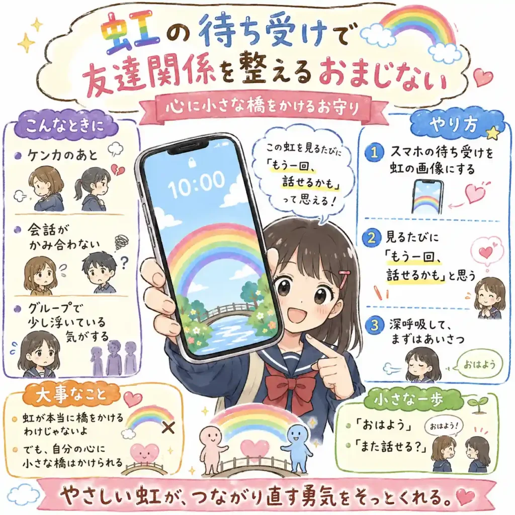 虹の画像をスマホの待ち受けにして、友達との関係をつなぎ直す気持ちを後押しするおまじないを紹介する中学生向けイラスト。スマホを見るたびに「もう一回話せるかも」と思い出し、深呼吸してあいさつする小さな一歩へつなげる流れを、まんが風にまとめている。
