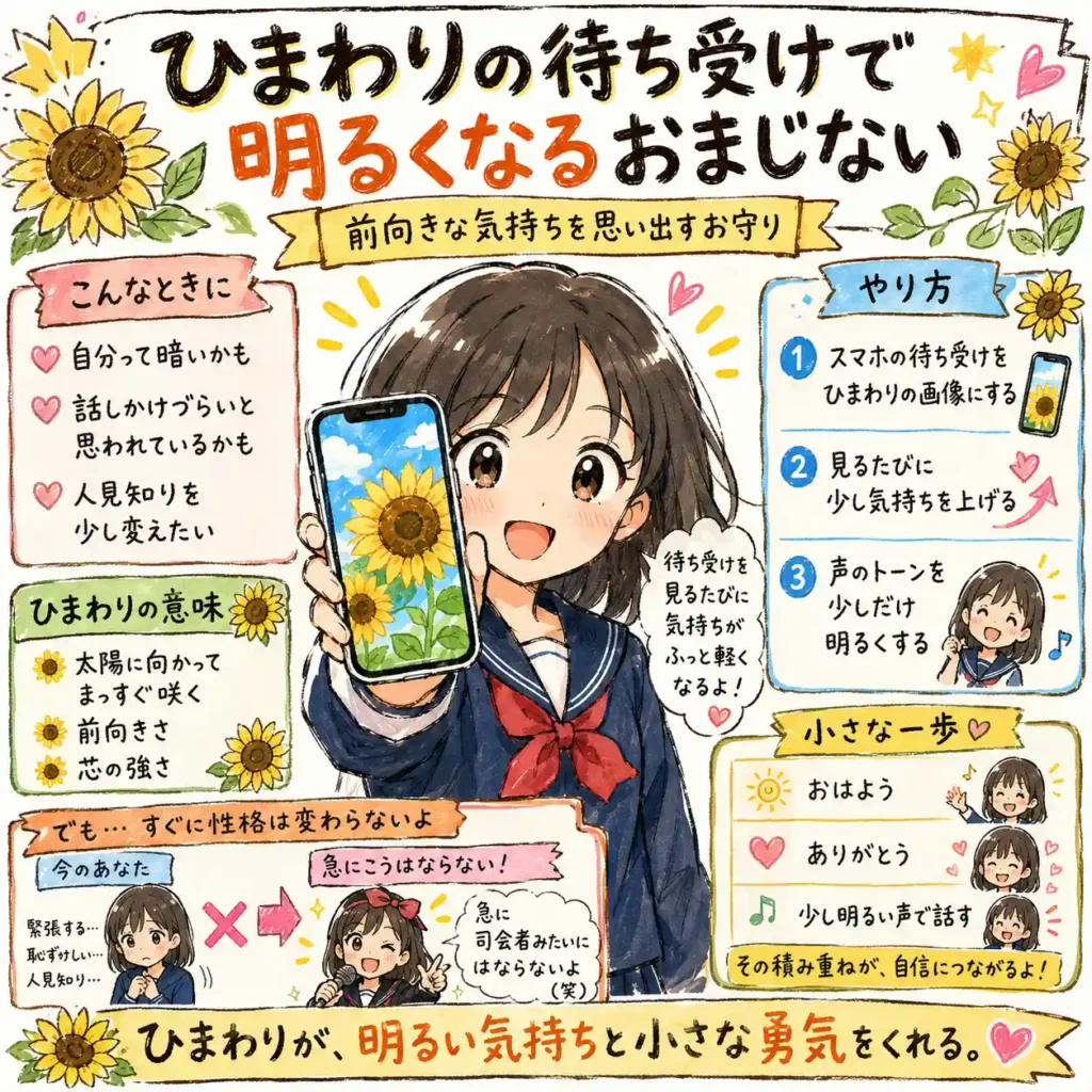 ひまわりの画像をスマホの待ち受けにして、前向きな気持ちや少し明るい声を引き出すおまじないを紹介する中学生向けイラスト。人見知りや話しかけづらさをやわらげ、小さな勇気につなげる流れを、まんが風にまとめている。