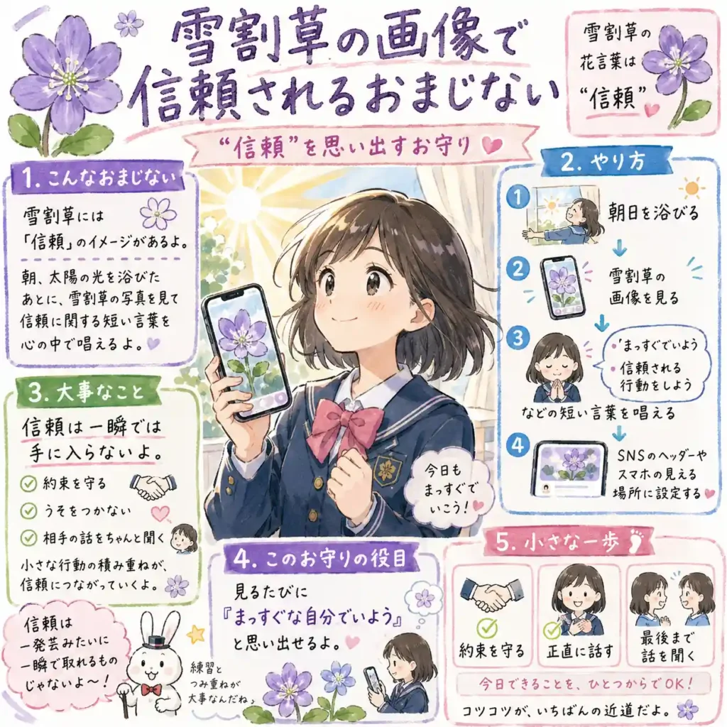 雪割草の画像を見て「信頼」を意識し、まっすぐな行動を続けるおまじないを紹介する中学生向けイラスト。朝の光の中で画像を見つめ、約束を守る、うそをつかない、相手の話を聞くといった小さな積み重ねで信頼を育てる流れを、まんが風にまとめている。