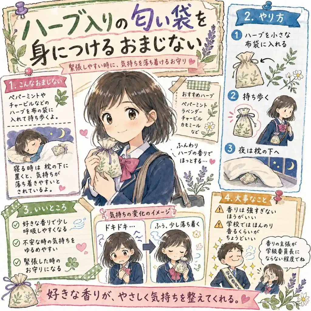 ペパーミントやチャービルなどのハーブを布の匂い袋に入れて持ち歩き、友達関係で緊張しやすい気持ちを落ち着けるおまじないを紹介する中学生向けイラスト。ほんのりした香りで呼吸を整え、学校では強すぎない香りにする大切さも、まんが風にまとめている。