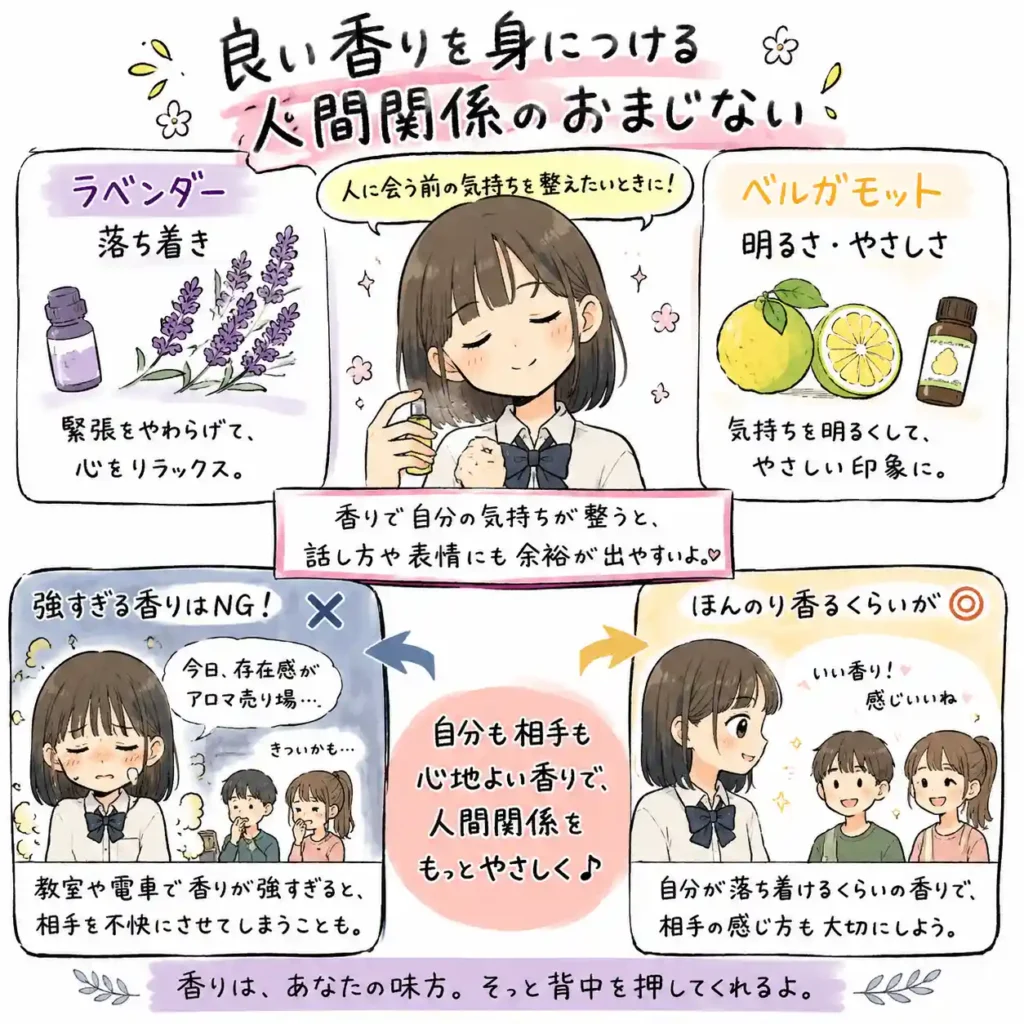 ラベンダーやベルガモットなどの良い香りを身につけ、人に会う前の気持ちを整えるおまじないを紹介する中学生向けイラスト。香りで表情や話し方に余裕を持たせつつ、強すぎない香りで相手の感じ方も大切にする流れを、まんが風にまとめている。