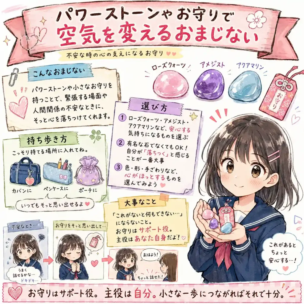 パワーストーンや小さなお守りを持ち歩き、不安な場面で心を落ち着けるおまじないを紹介する中学生向けイラスト。ローズクォーツ、アメジスト、アクアマリンなどを例に、お守りはサポート役で、主役は自分だと伝える内容をまんが風にまとめている。