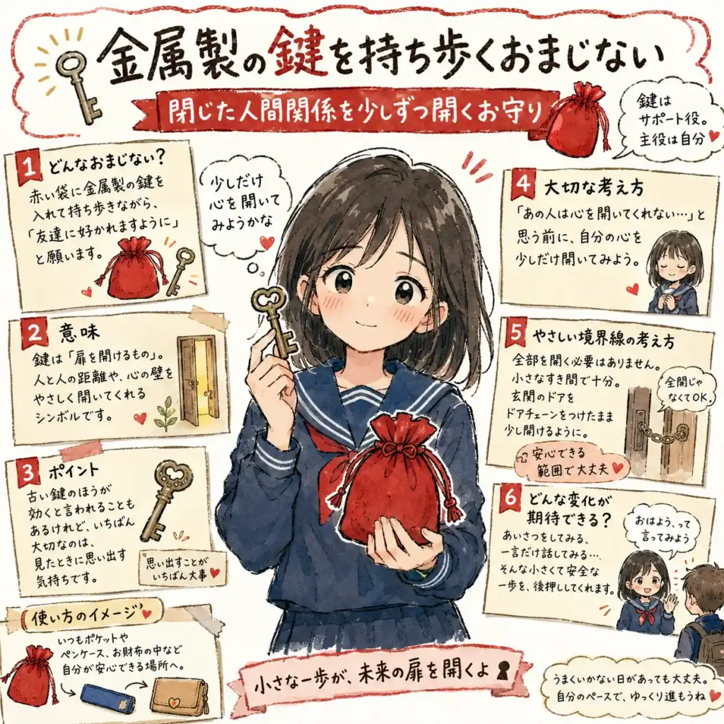 金属製の鍵を赤い袋に入れて持ち歩き、閉じた人間関係を少しずつ開く気持ちを後押しするおまじないを紹介する中学生向けイラスト。相手に求める前に自分も少し心を開き、安心できる範囲であいさつやひとことにつなげる流れを、まんが風にまとめている。