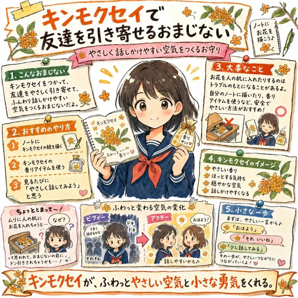 キンモクセイの絵をノートに描いたり、香りのアイテムを使ったりして、友達に話しかけやすい空気を作るおまじないを紹介する中学生向けイラスト。人の机に物を入れるのではなく、安全でやさしい方法で小さな勇気につなげる流れを、まんが風にまとめている。
