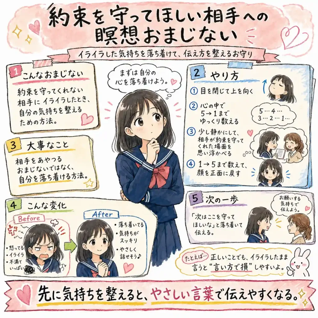 約束を守ってくれない相手へのイライラを落ち着けるため、目を閉じて数を数え、相手が約束を守る場面を思い浮かべる瞑想おまじないを紹介する中学生向けイラスト。気持ちを整えてから、やさしい言葉で伝える流れを、まんが風にまとめている。