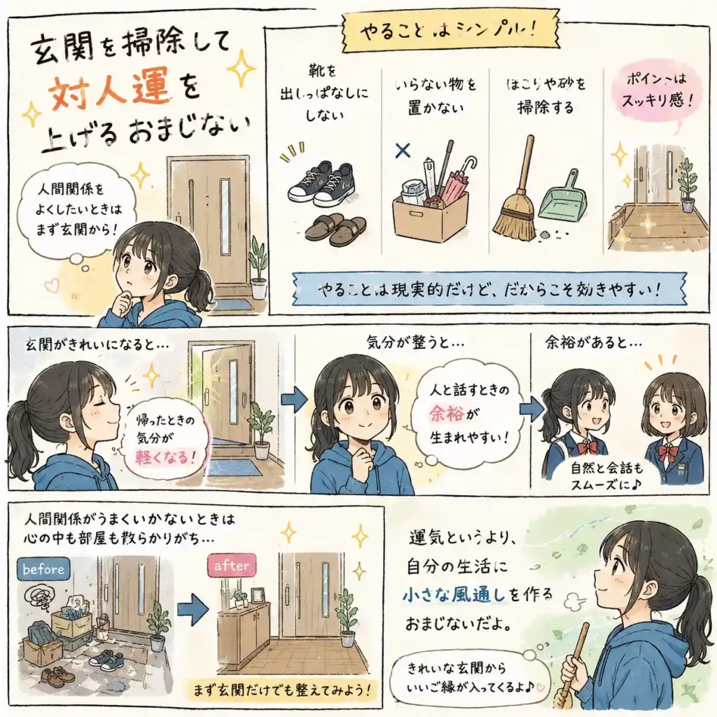 玄関を掃除して対人運を上げるおまじないを紹介する中学生向けイラスト。靴や不要な物を片づけ、ほこりや砂を掃除することで気分を整え、人と話す余裕や生活の風通しを作る流れを、まんが風にまとめている。