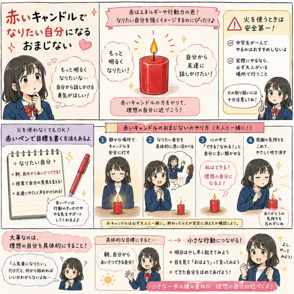 赤いキャンドルや赤いペンを使って、なりたい自分を具体的にイメージするおまじないを紹介する中学生向けイラスト。火を使う場合は大人と一緒に行う安全面の注意と、「朝、自分からあいさつする」など小さな目標に変える流れを、まんが風にまとめている。