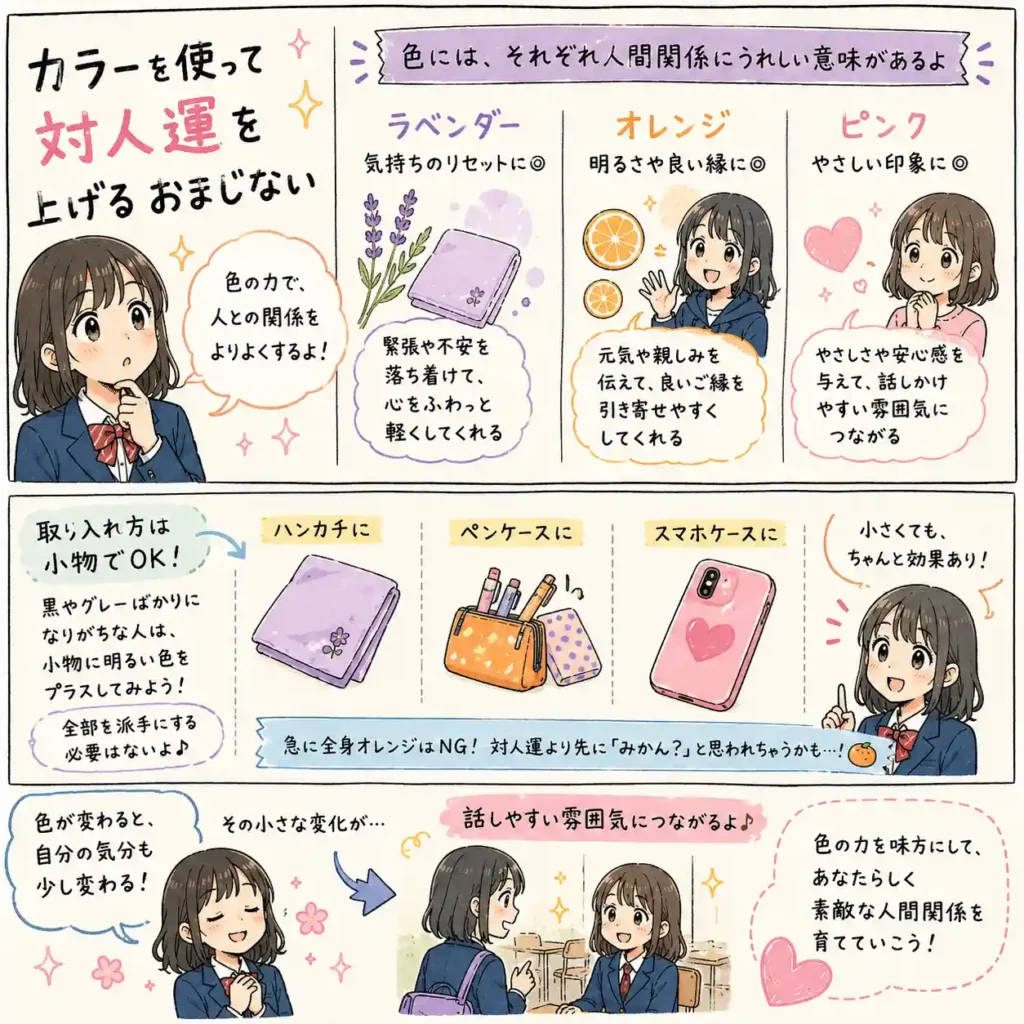 ラベンダー、オレンジ、ピンクなどの色を小物に取り入れて、対人運や話しやすい雰囲気を整えるおまじないを紹介する中学生向けイラスト。ハンカチやペンケース、スマホケースに明るい色を少し足し、自分の気分と人間関係を前向きに変える流れを、まんが風にまとめている。 
