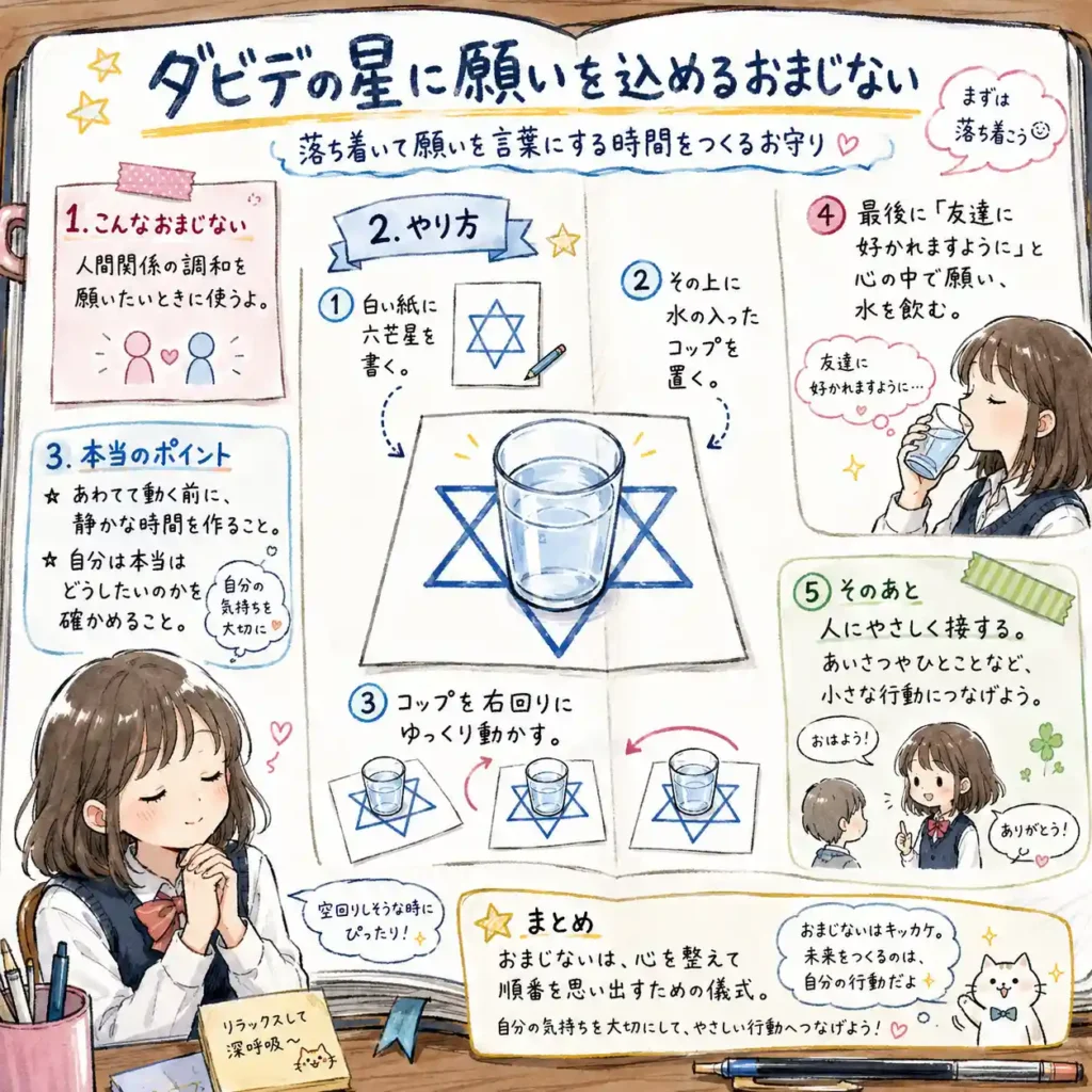 白い紙に六芒星を描き、水の入ったコップを置いて願いを込めるおまじないを紹介する中学生向けイラスト。友達関係で不安なときに静かな時間を作り、自分の気持ちを整えてから、やさしい行動につなげる流れをまんが風にまとめている。