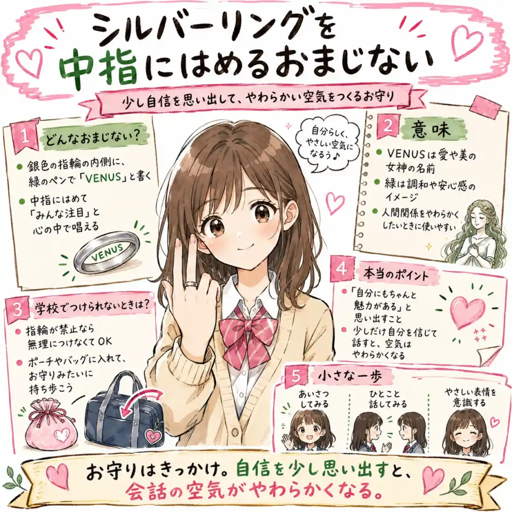 シルバーリングの内側に緑のペンで「VENUS」と書き、中指にはめて自信を思い出すおまじないを紹介する中学生向けイラスト。学校で指輪が禁止の場合はポーチやバッグに入れ、少し自分を信じて話すことで会話の空気をやわらげる流れを、まんが風にまとめている。