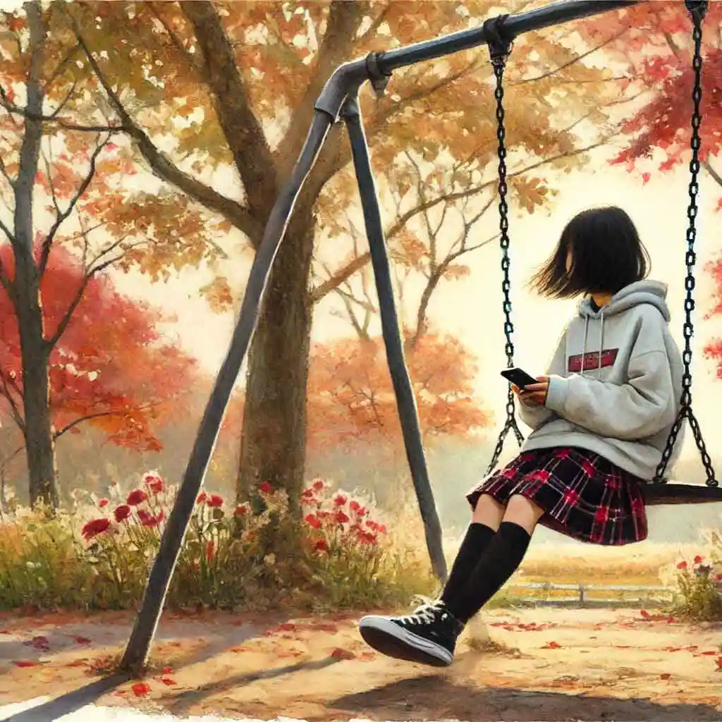 ひとりぼっちでブランコでスマホをいじる女子
