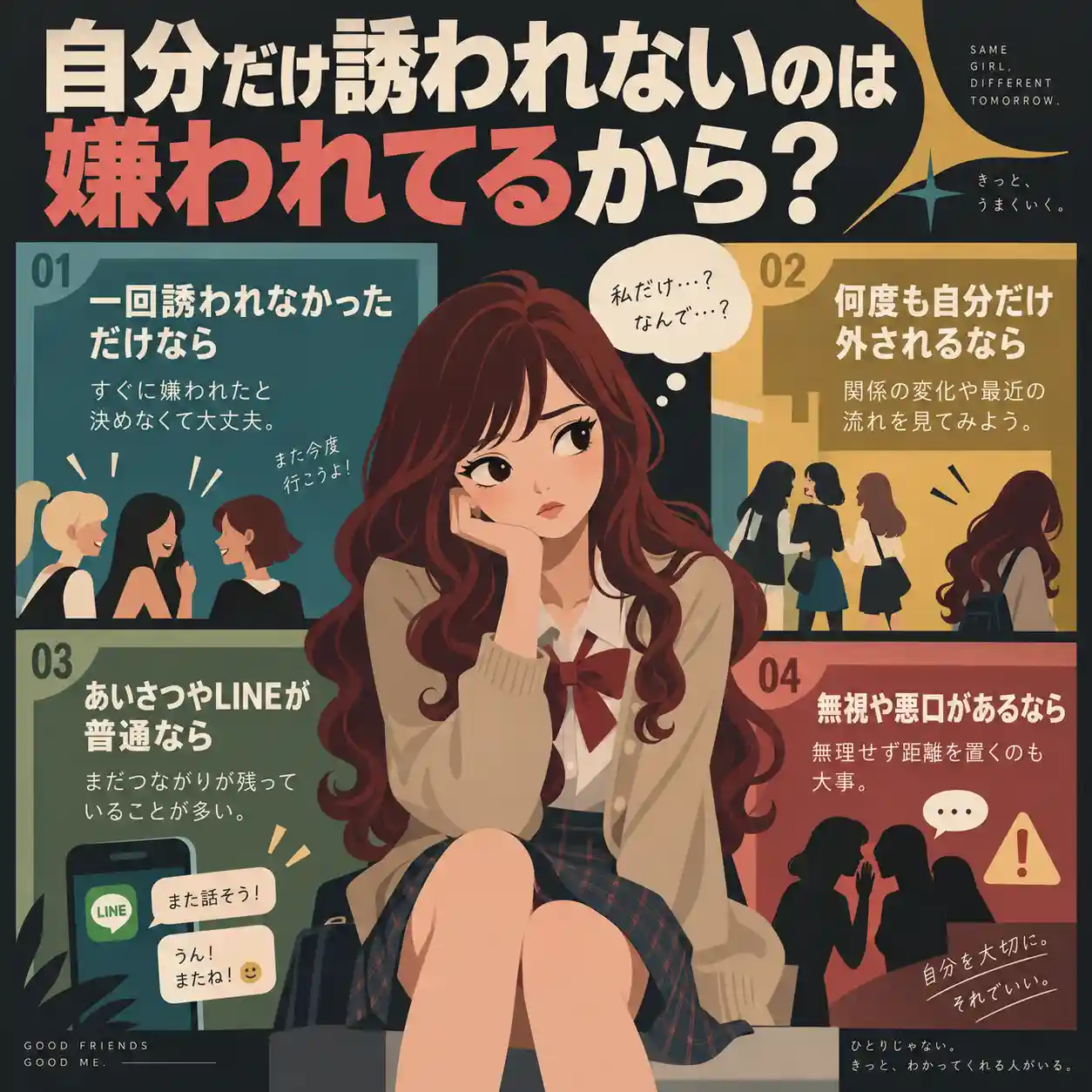 自分だけ遊びに誘われず悩む女子中学生と、嫌われているか見分ける4つのポイントを示したインフォグラフィック