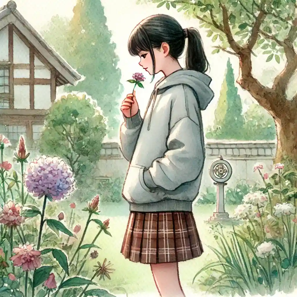 自宅の庭 花の香りを嗅ぐ中学生女子