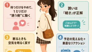 自分だけ誘われないと感じたときにやることを、ポニーテールの女性と4つのポイントで紹介する正方形のインフォグラフィック。待つだけをやめて誘う側に動く、誘いは軽くする、断るときも明るく返す、予定を見える化して素直に反応することを伝えている。