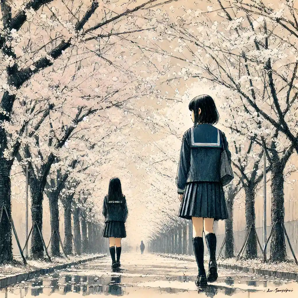 桜並木の下　友達に駆け寄っていく中学生女子