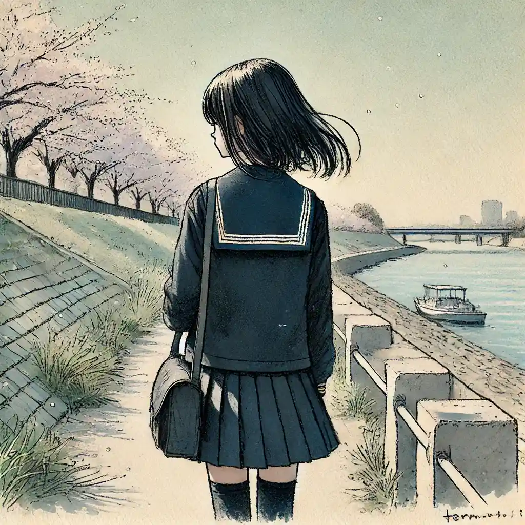 桜並木を一人で帰る中学生女子