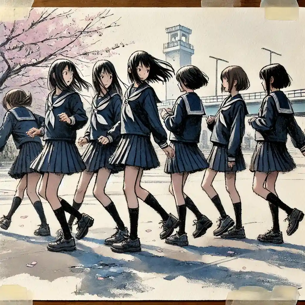 校庭でふざけ手いる中学生女子