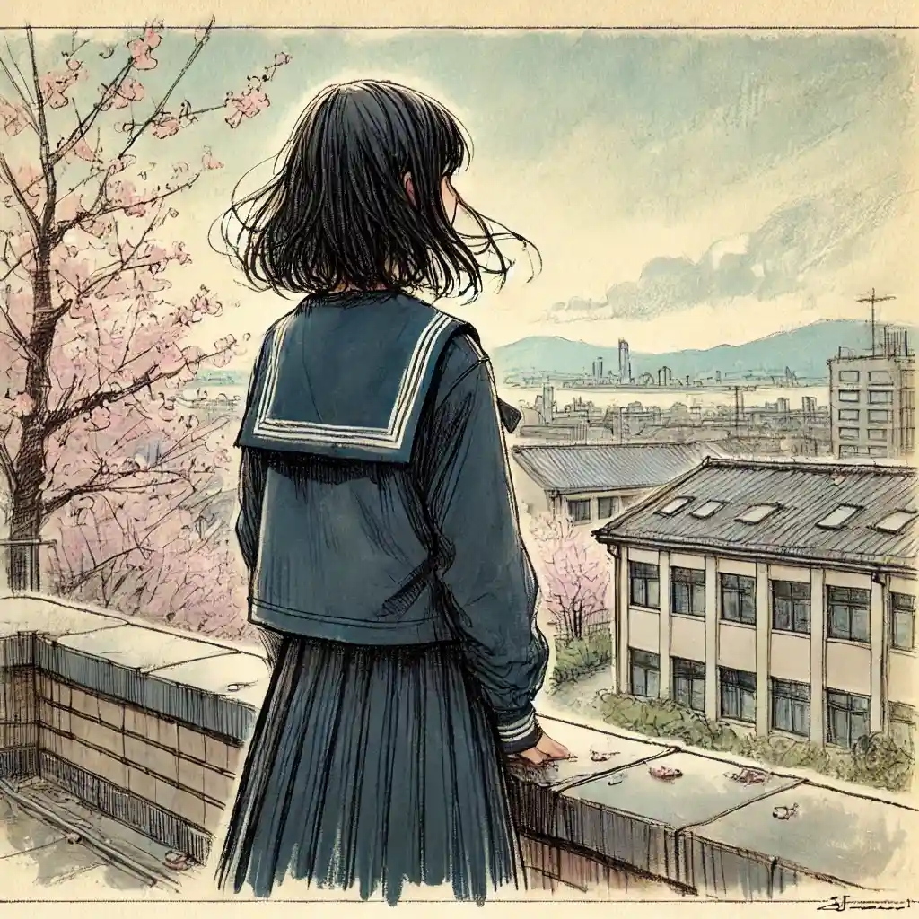 校舎の屋上から桜を見る中学生女子