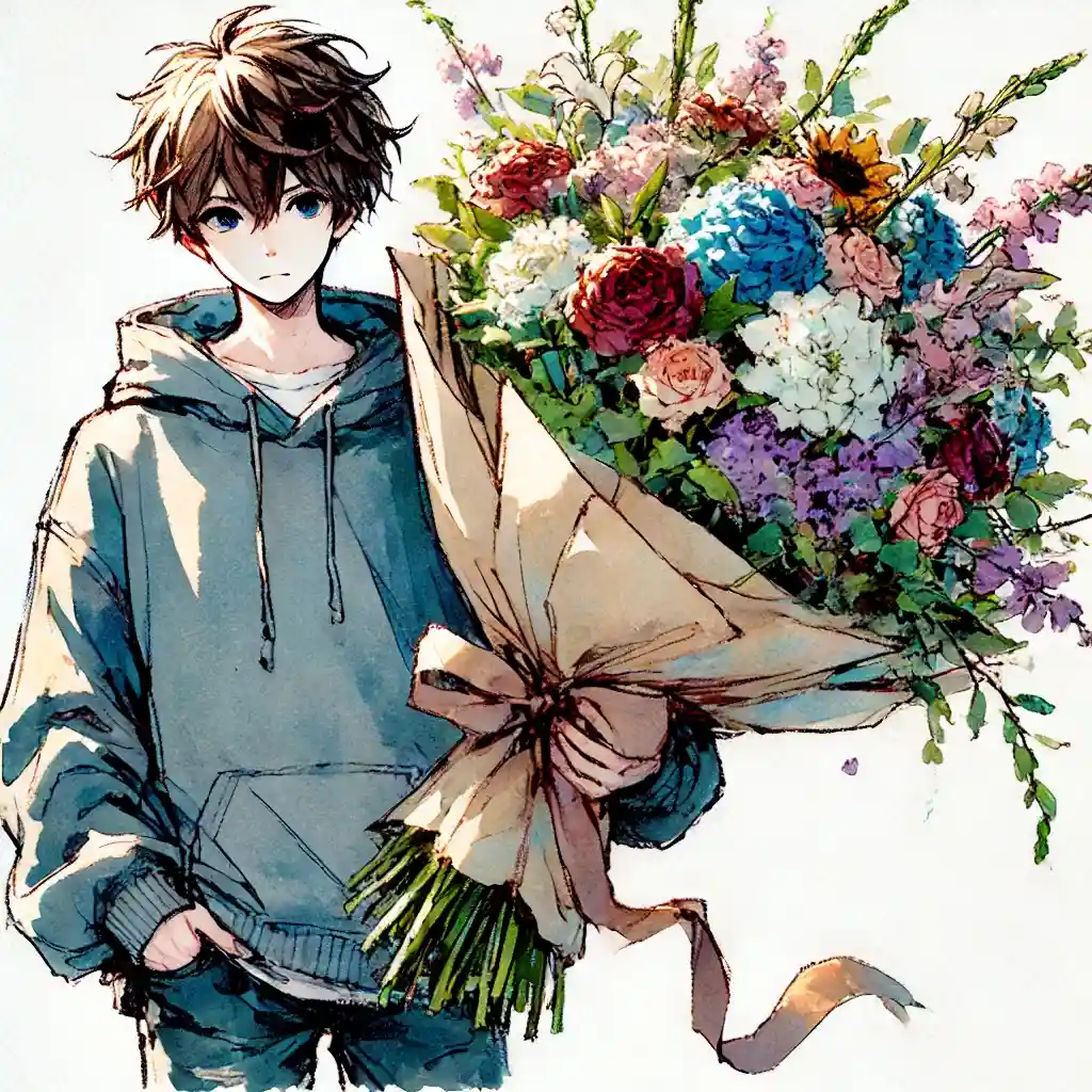 花束を持っている中学生男子