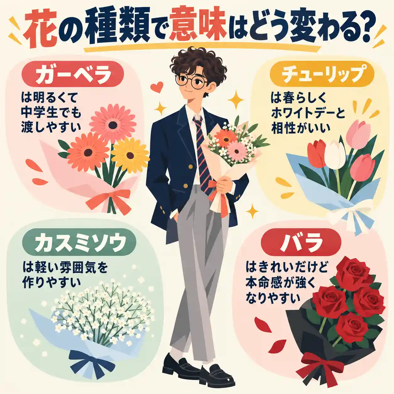 花束を抱えた中学生男子を中心に、ガーベラ、チューリップ、カスミソウ、バラの特徴と印象の違いをまとめたインフォグラフィック```