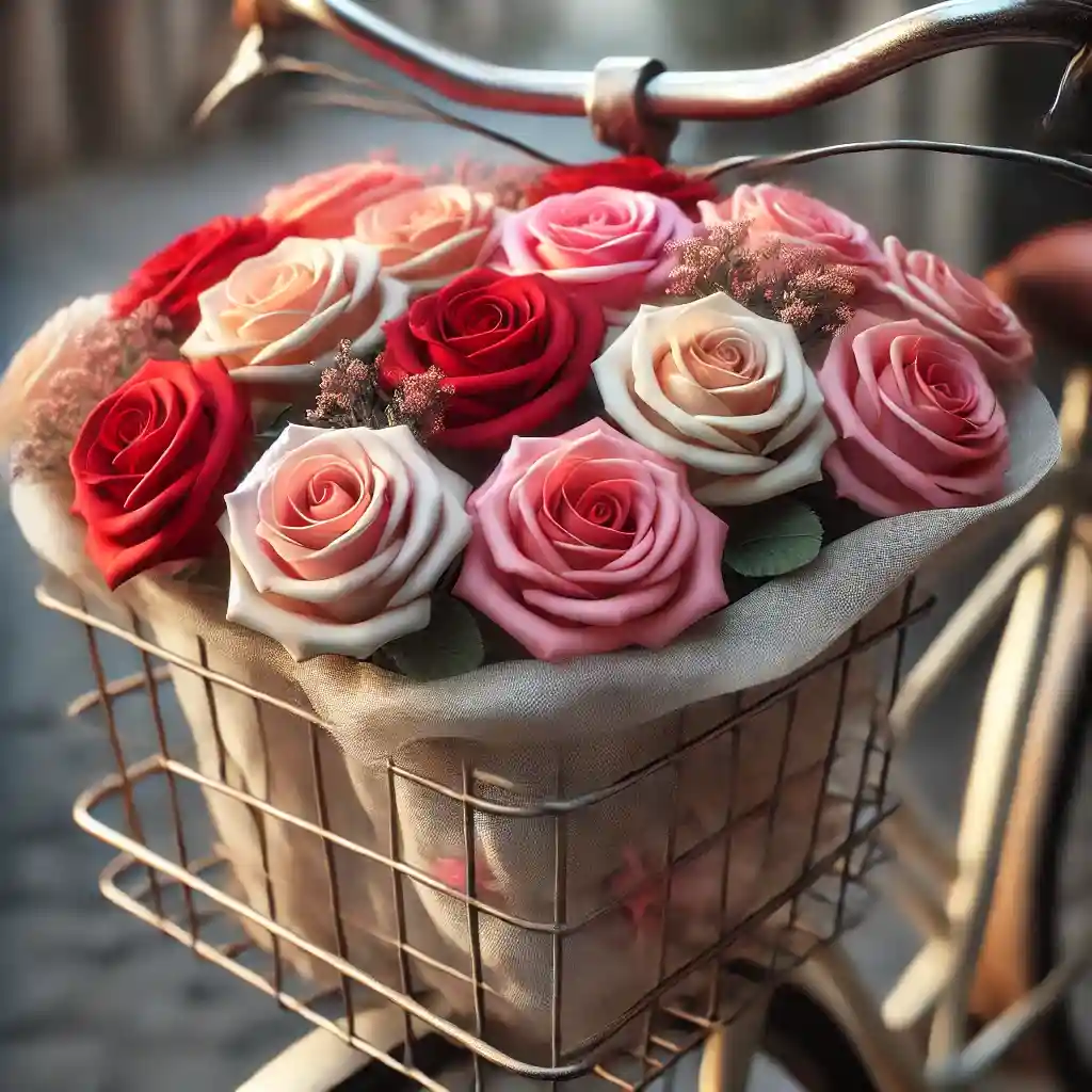 自転車の前カゴに入った花束