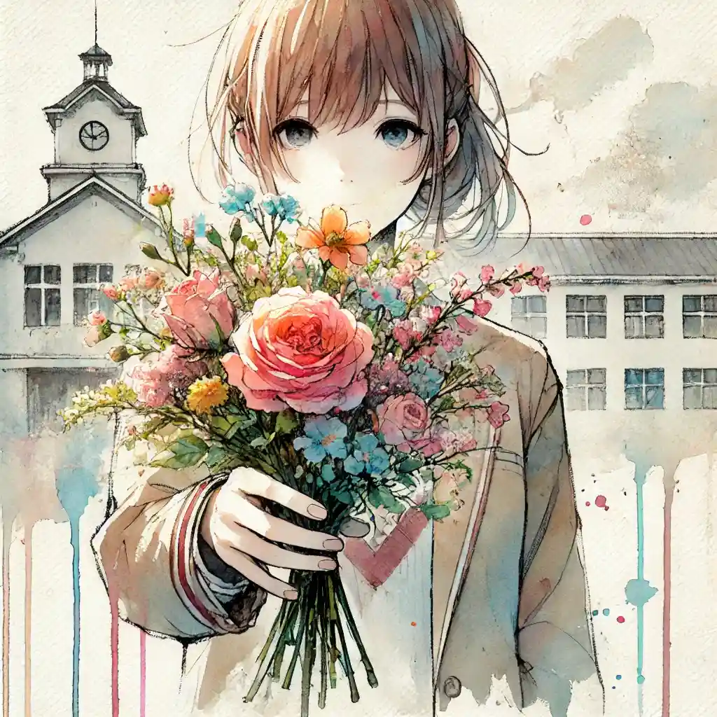 花束を渡す中学生男子