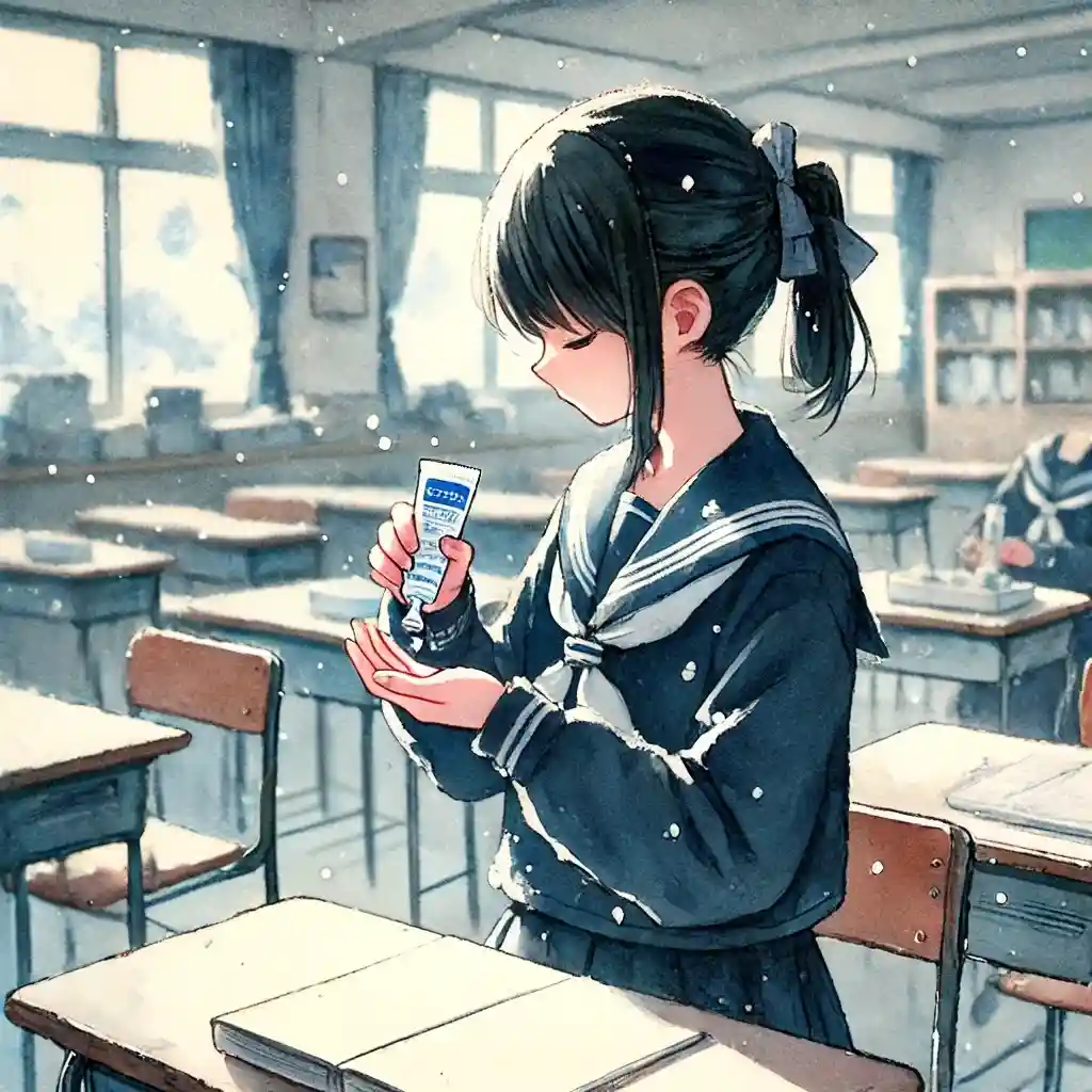 クリームを塗っている女子