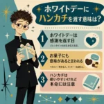 ホワイトデーにプレゼント箱を持って緊張する男子生徒と、ハンカチの意味を「感謝を返す日」「お菓子にも意味がある」「本命には注意」の3点でまとめたインフォグラフィック