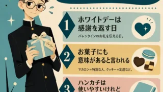 ホワイトデーにプレゼント箱を持って緊張する男子生徒と、ハンカチの意味を「感謝を返す日」「お菓子にも意味がある」「本命には注意」の3点でまとめたインフォグラフィック