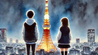 ライトアップされた東京タワーを見ている男女