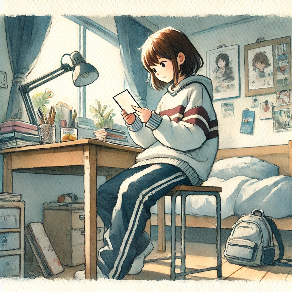 カードを読んでいる女子