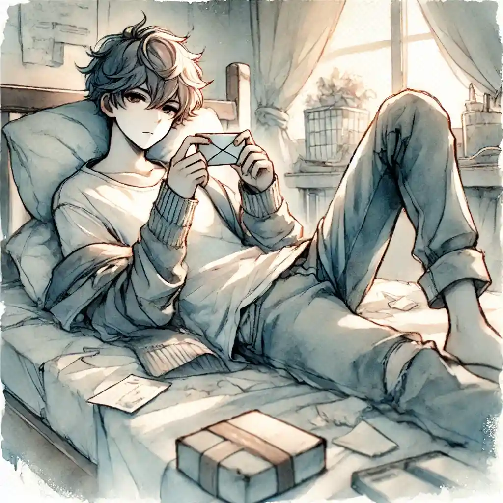 カードに描くメッセージを考えている男子