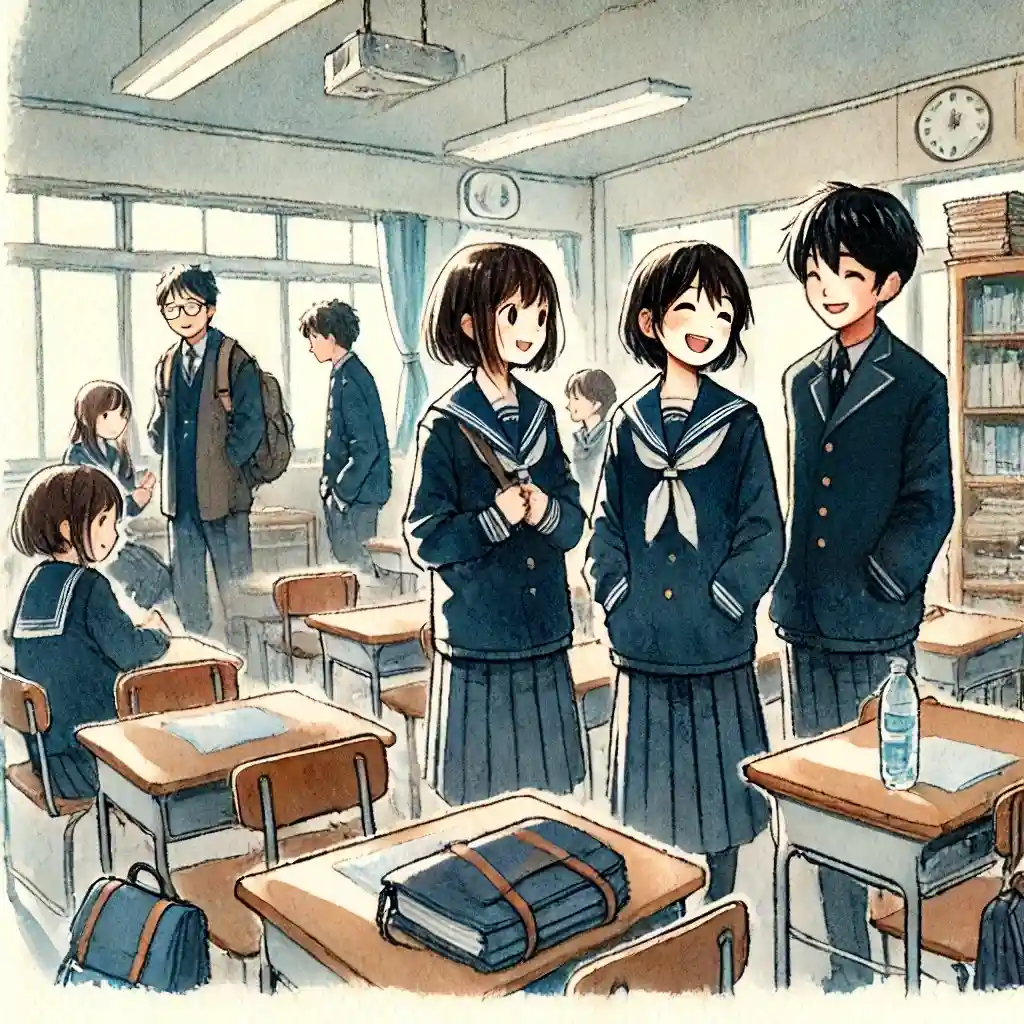 教室で談笑している中学生
