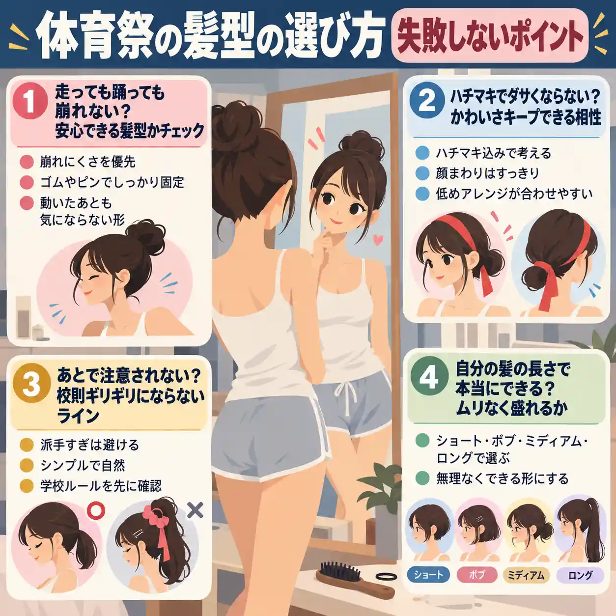体育祭の髪型選びで崩れにくさ・ハチマキ・校則・髪の長さを確認する女子