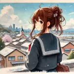 屋上で春の街を見ながら　こちらを振り向いて笑う中学生女子