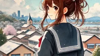 屋上で春の街を見ながら　こちらを振り向いて笑う中学生女子