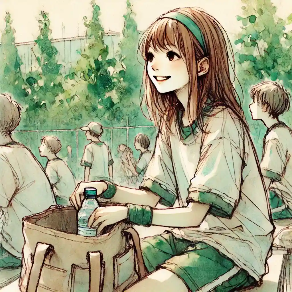 応援席で飲み物を取り出す中学生女子