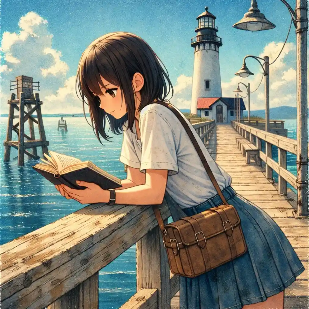 桟橋で本を読んでいる中学生女子