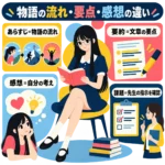 あらすじ・要約・感想の違いと、学校の課題では先生の指示を確認することを示した図解