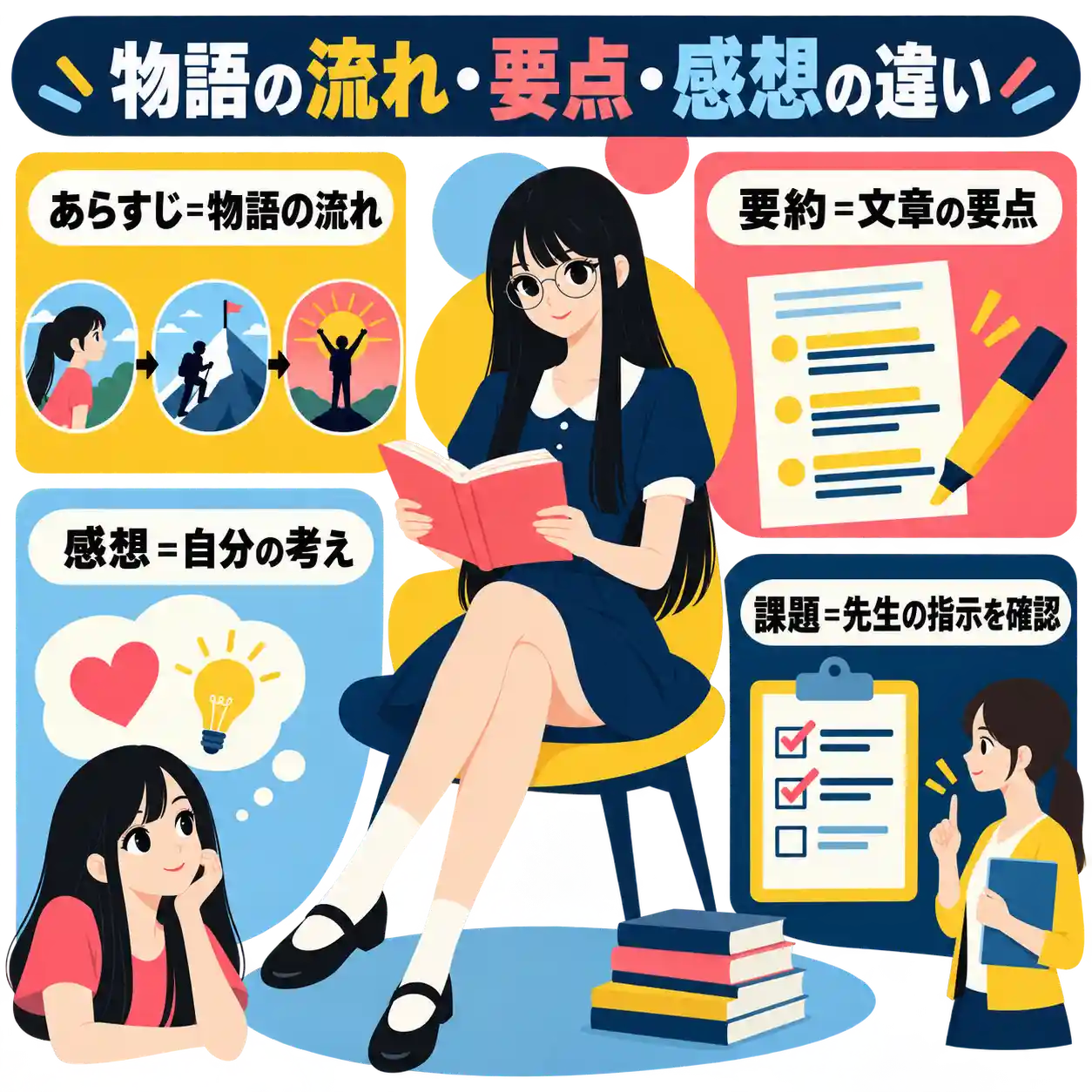 あらすじ・要約・感想の違いと、学校の課題では先生の指示を確認することを示した図解