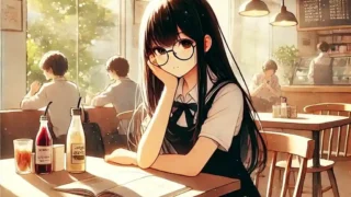 カフェで本を読む中学生女子
