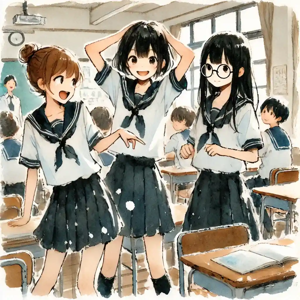 中学生女子夏休み前 教室でふざけている