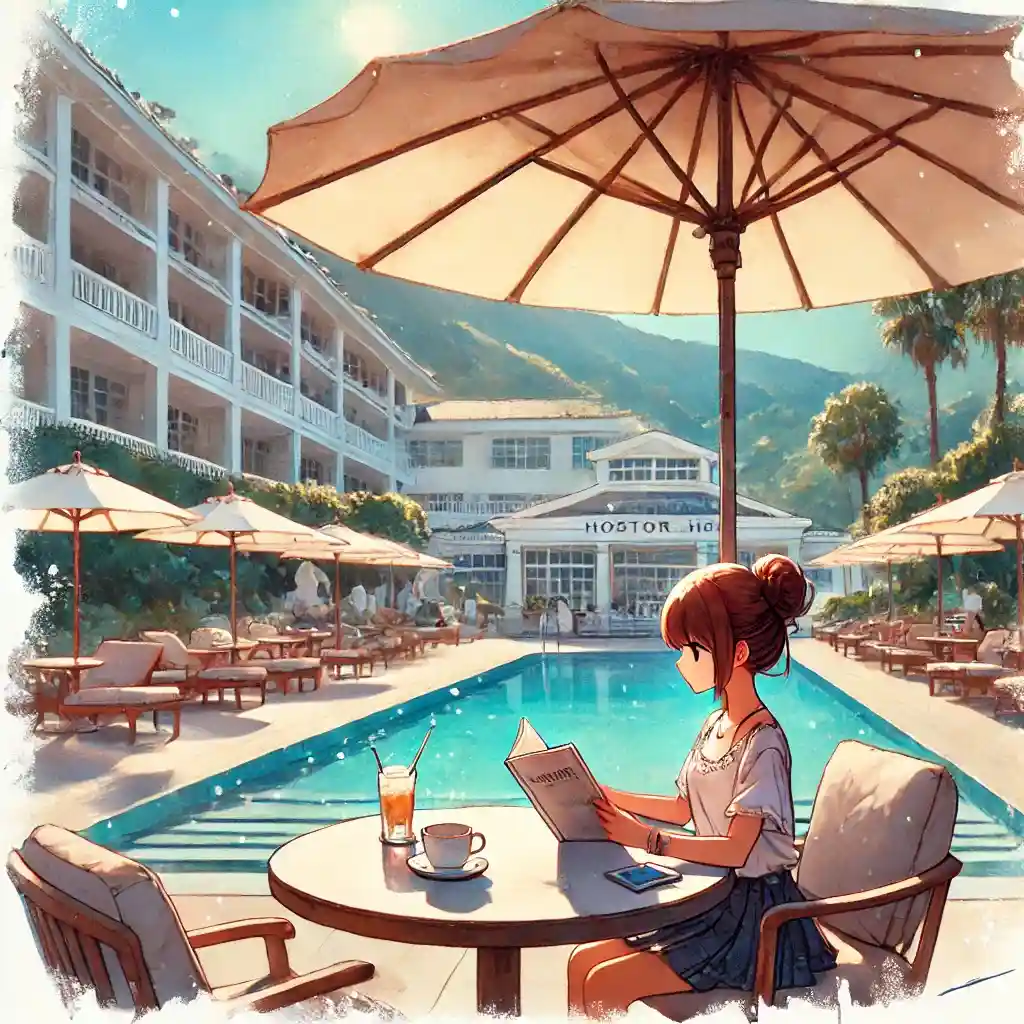 旅行先のホテルで本を読んでいる中学生女子