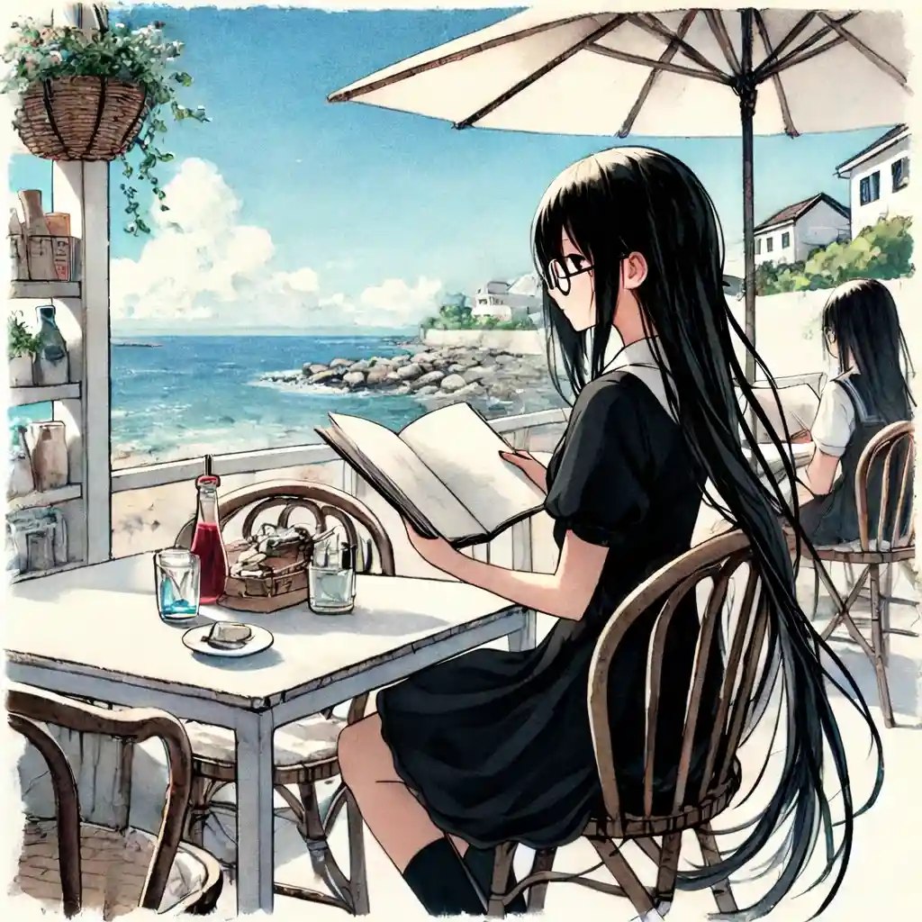 海辺のカフェで本を読む中学生女子