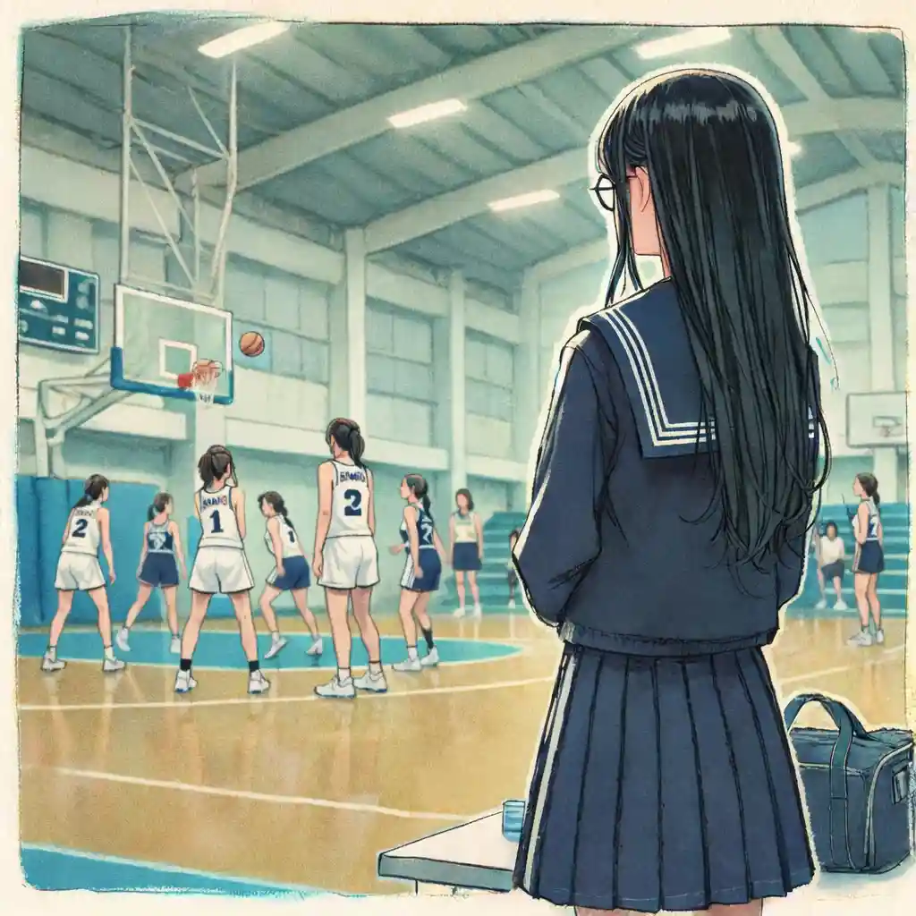 バスケを観察しているポスター制作係