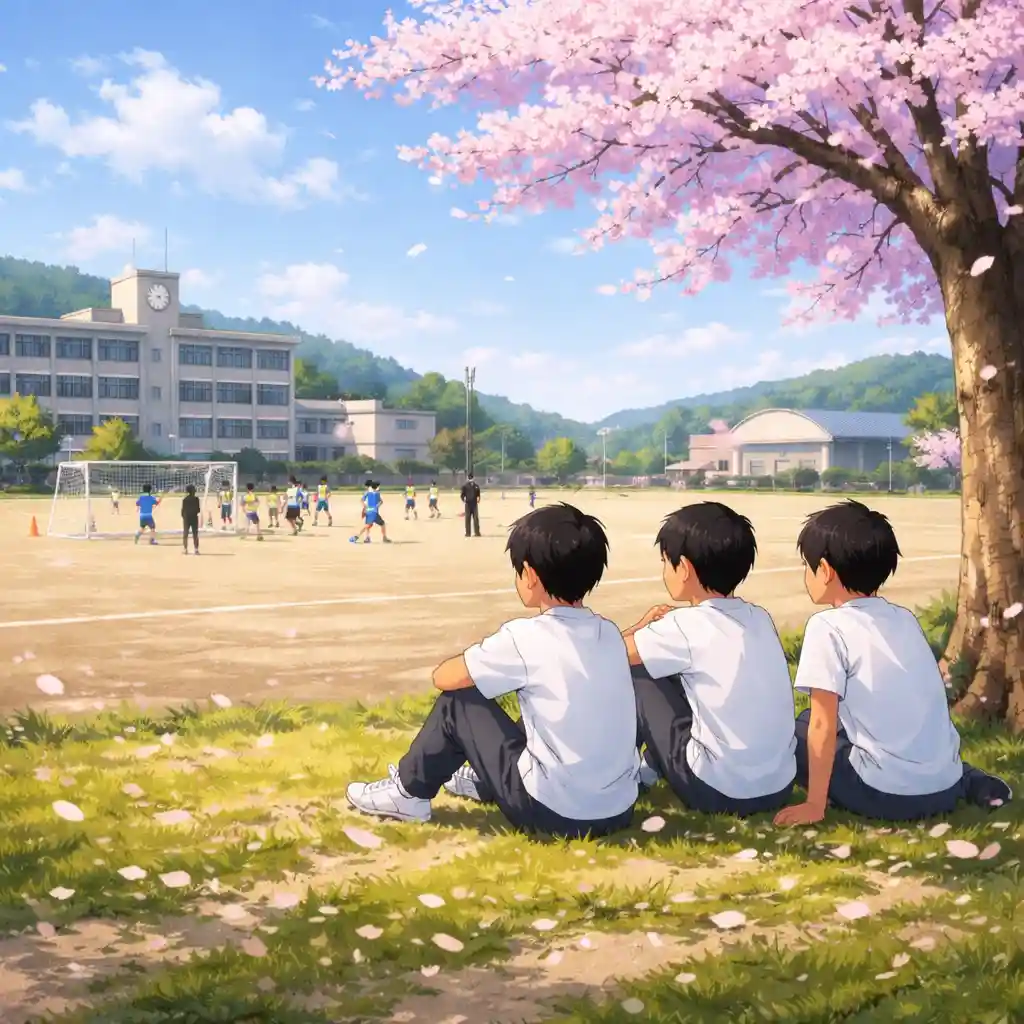 サッカー部を遠巻きに見ている新入部員